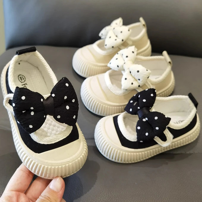 Girls Fashion Shoes Canvas Sneaker Kids Polka Dot Bow Princess Flats Breathable Baby Student Soft Sole Casual Spring 250303