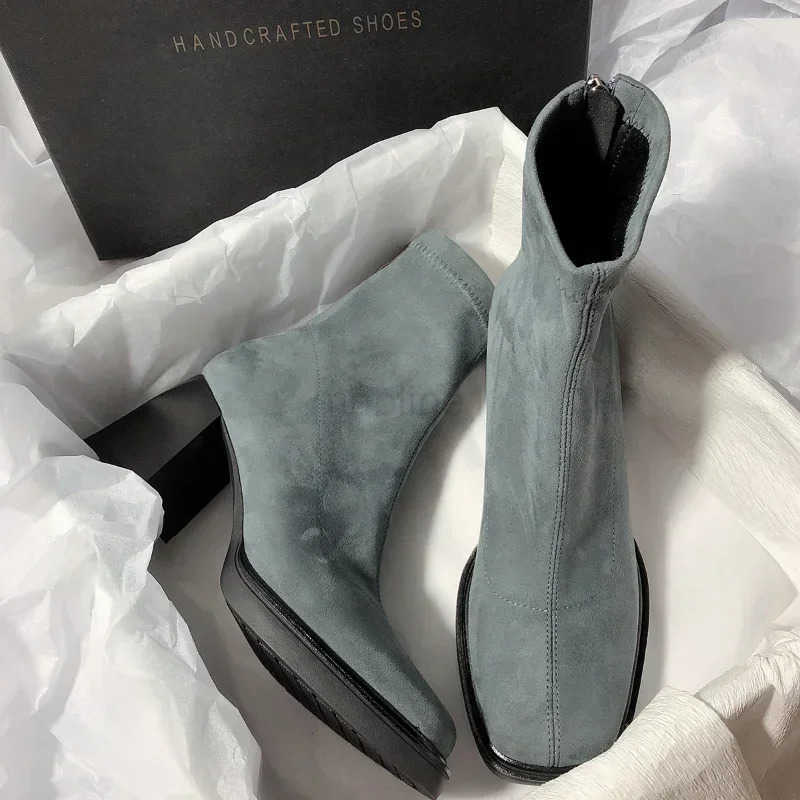Wen Cowboy Ankle Boots Wan Winter Square Toe Chunky H Elastic Boots Fem Back Zipper Ankle Boots Botas Mujer Z250304