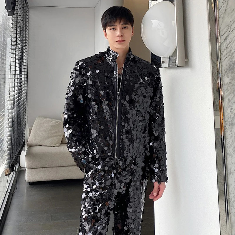 LUZHEN personalized sequin stand up collar short jacket trend cool stage clothing 2025 fashion street mens LZ6684 250304