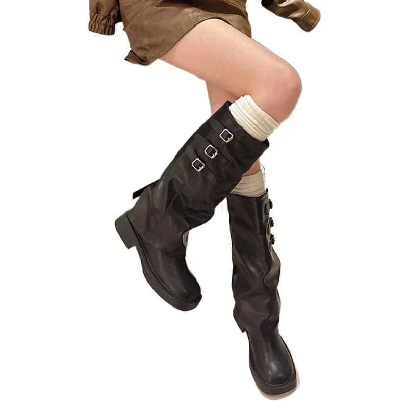 Winter New Wens Boots 2024 High Quality Fionable Round Toe Solid Color Buckle Mid-heeled Sle Wens High Boots Z250304