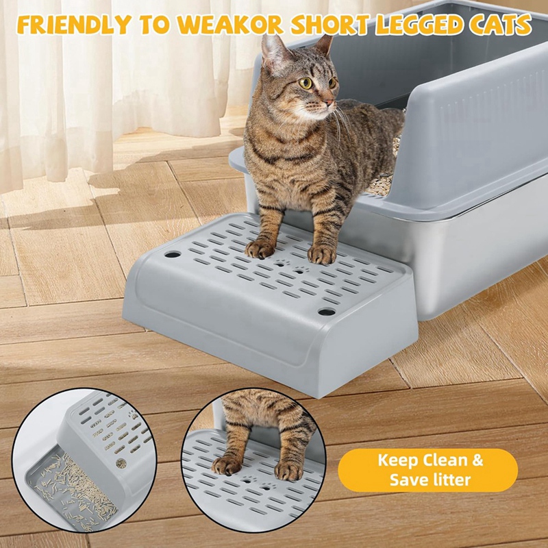 ABKP-Cat Litter Box Ramp With Filter Function, Double Layered Self-Cleaning Cat Litter Box Litter Trapper With Storage