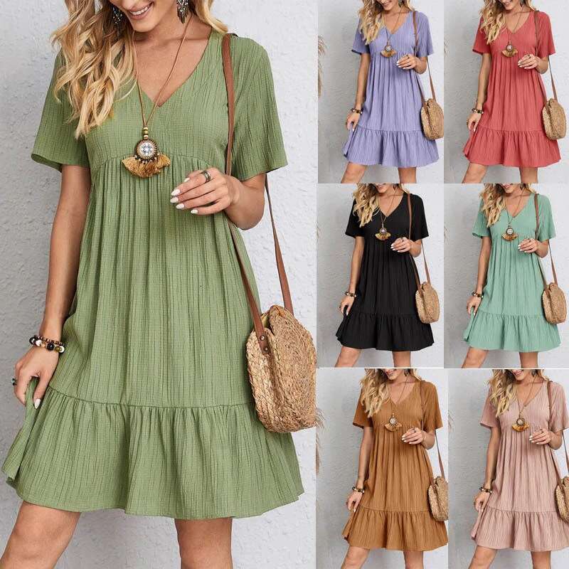 Women Mini Summer Casual Solid V Neck Ruffles A-e Dress Female Fashion Holiday Boho Loose Beach Elegant Dresses Vestido