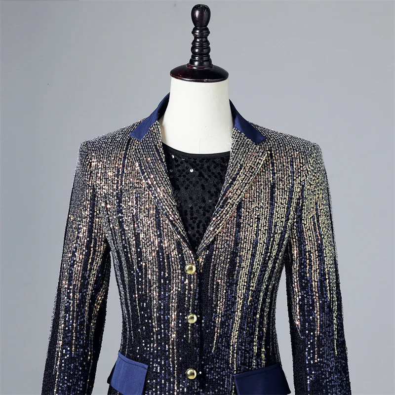 Shiny Gradient Sequin Suit Jackets Men Lapel Collar Tuxedo Blazers Male Wedding Party Singer Host Stage Performance Costume 250304