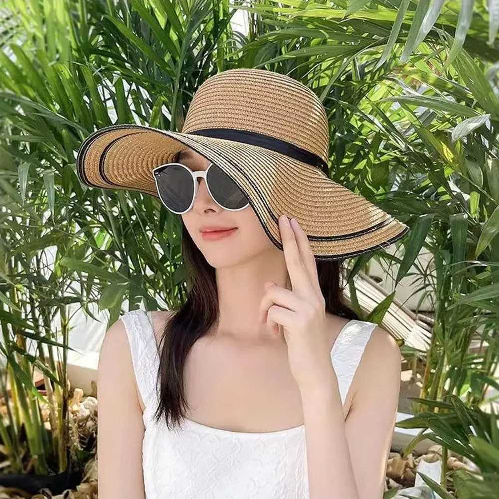 Portable Wide Brim Str Hat Casual Summer Ribbon Bow Tie Str C Travel Large Brim Beach Hat WomenXJ250304