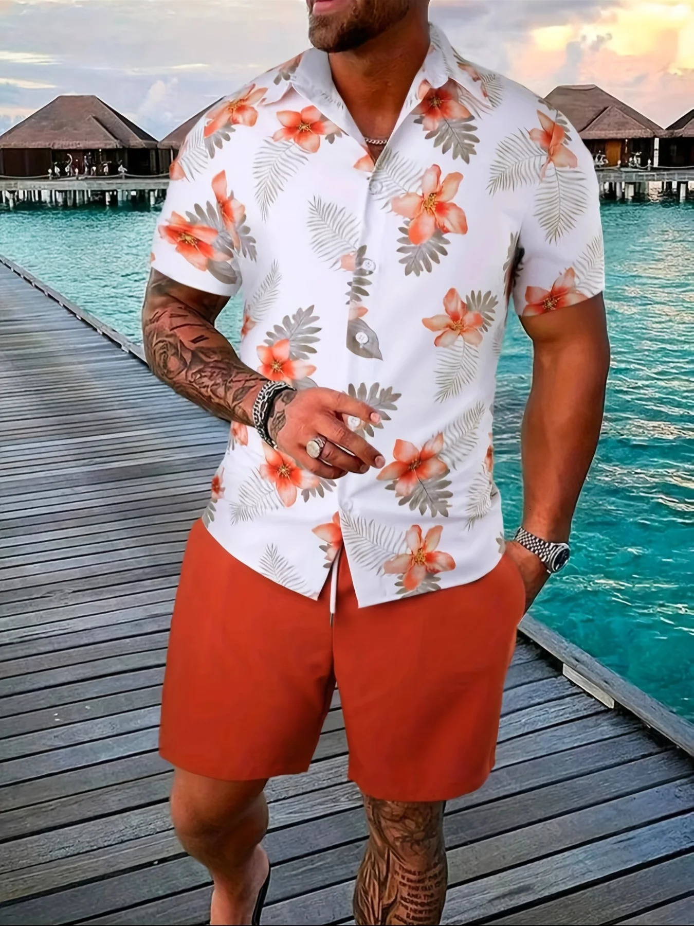 Men Summer Sets Print Lapel Short Sleeve Casual Shirt Beach Shorts Streetwear Vacation Hawaiian Suits Men Cothing 250303