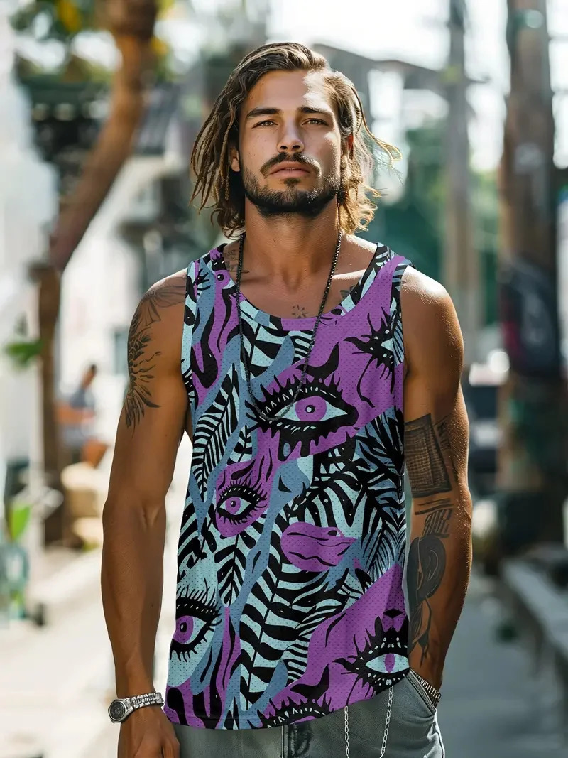 Fresh Printed Sleeveless Sports Mens Tank Top Holiday Street Fashion Round Neck Breathable Comfortable Short Sleeve Sports Tops 250304
