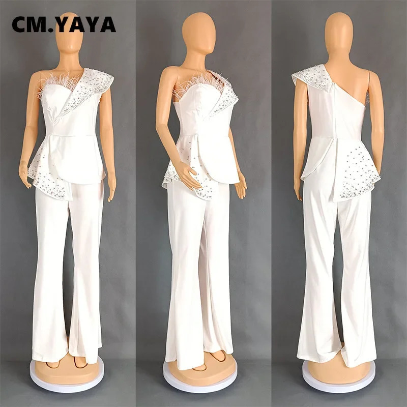 CM.YAYA Vintage Pearl Feather Sleeveless Patchwork Women Party Evening Prom Straight Jumpsuits Summer Sexy Playsuit Outfit 250303