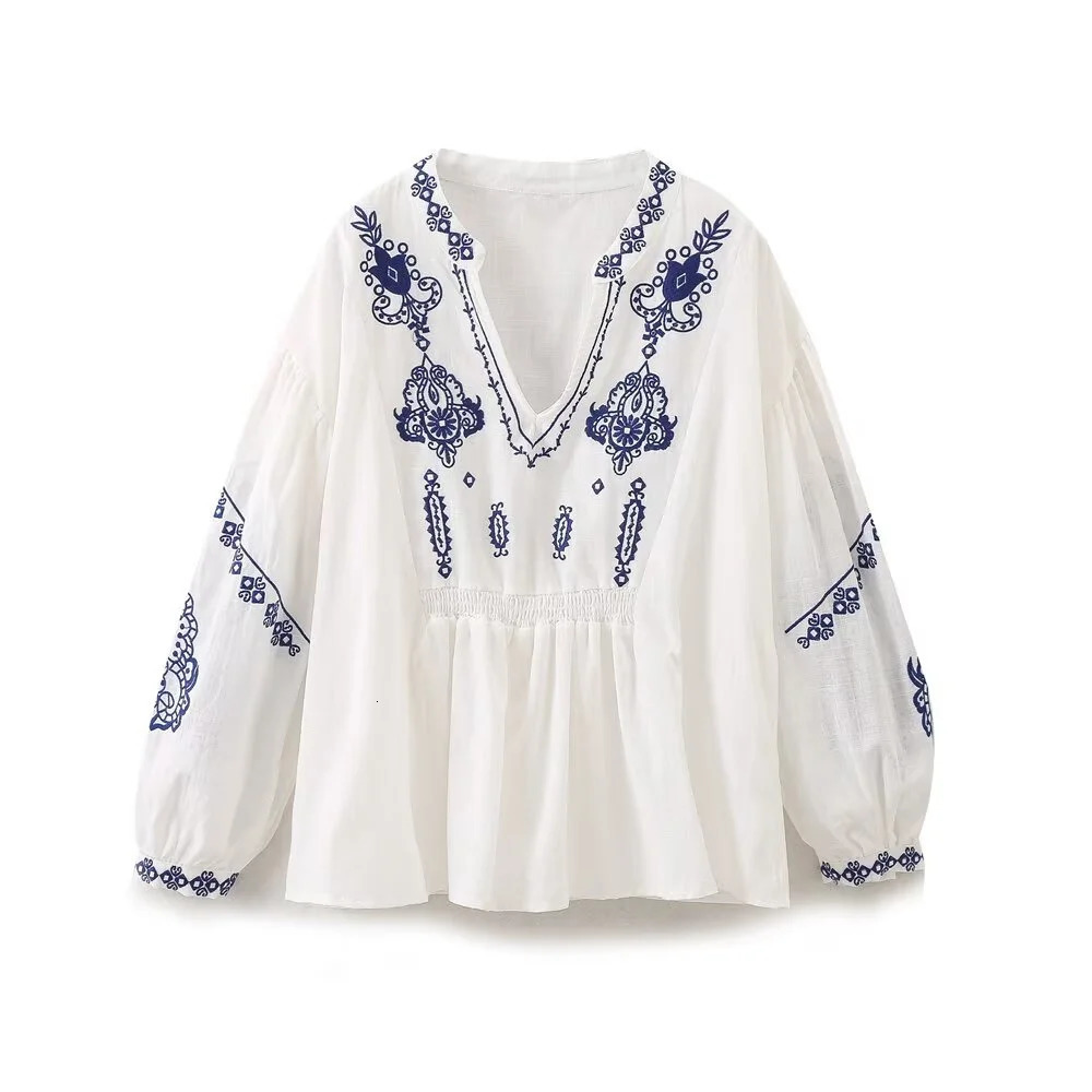 UNIZERA Summer Womens Fashion Versatile Loose and Slim V-neck Beaded Embroidered Long sleeved Shirt 250228