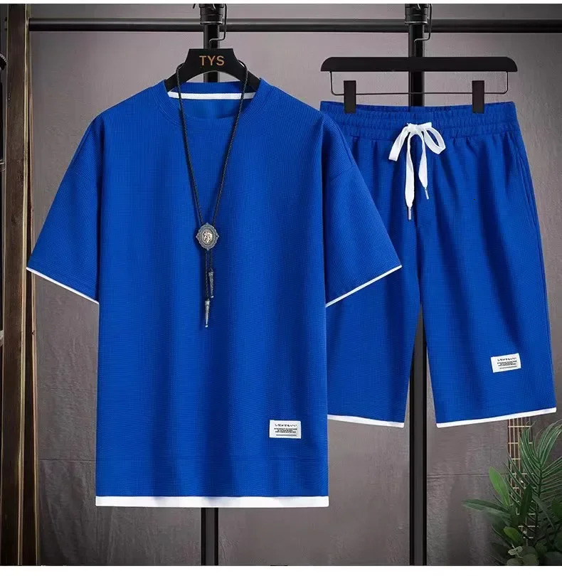 Mens Waffle Summer Suit Casual T-shirt Shorts Suit Mens Tracksuit Solid color tracksuit loose suit 250304