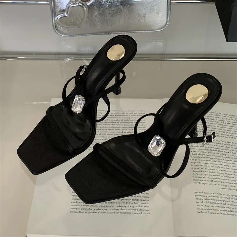 Sexy Crystal Eilyken Dia Square Toe Buckle Strap Women Sandals Street Style Thin High Heels Stripper Party Shoes