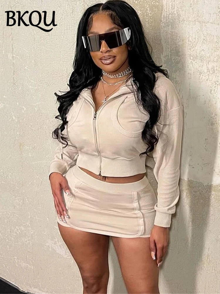 BKQU Casual Hoodie 2 Piece Women Skirt Sets Autumn Fashion Crop Zipper Jacket And Hip Wrap Mini Skirt Matching Tracksuit Outfits 250303
