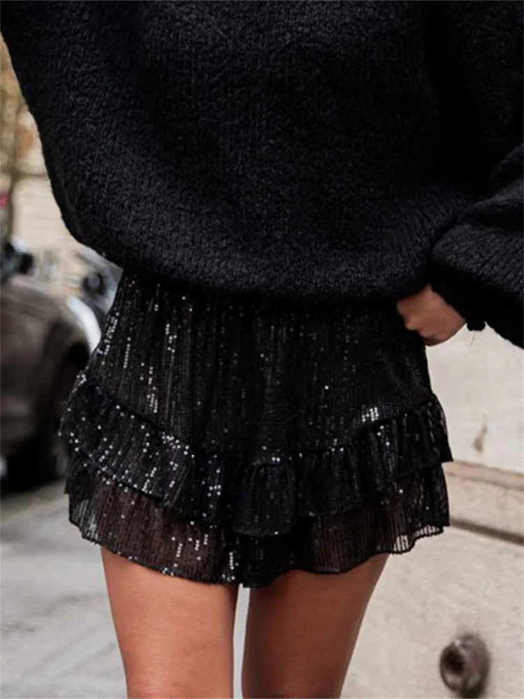 Womens Glitter Ruffle Shorts Casual Elastic Waist Bow Front Loose Shorts Fashion Party Elegant Shorts 250303