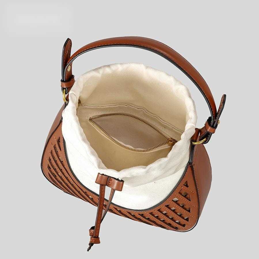 PU woven bucket bag summer hollow drawstring shoulder crossbody bag dark brown handbag for women 250315