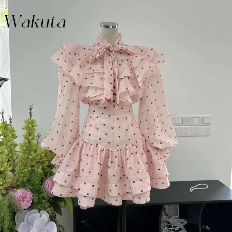 WAKUTA French Spring Ruffled Bow Heart-Shaped Printed Shirt Fashion High Waisted Short Skirt 2-Piece Set Female Clothing