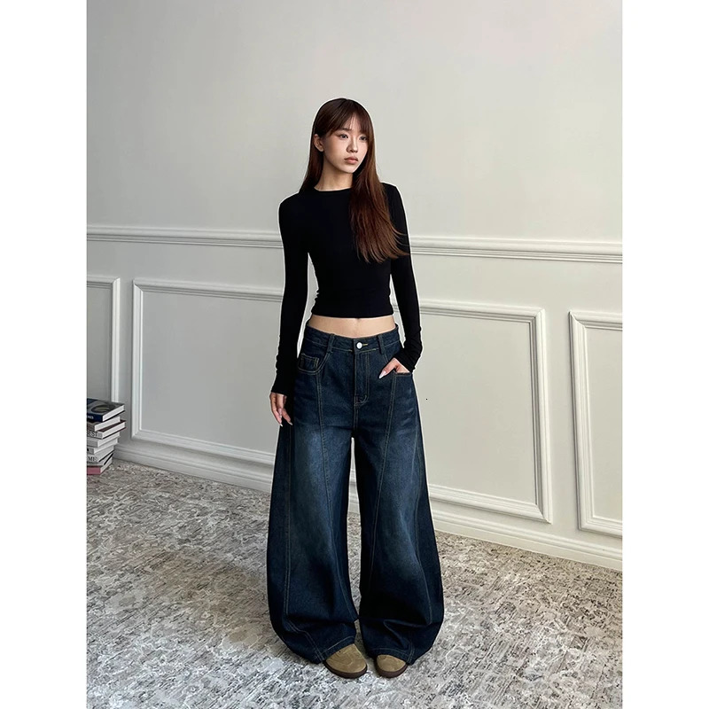 Blue Womens Retro Y2K 2000s Wide Leg Baggy Casual Denim Trouser High Waist Loose Jeans Autumn Harajuku Full Length Pants 250228
