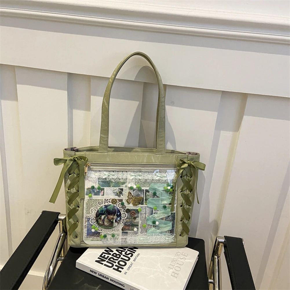 Women PU Leather Tote Bag Bow Ribbon Shoulder Bag Transparent Hobo Bag Large Capacity Travel Shopping Bag 250305