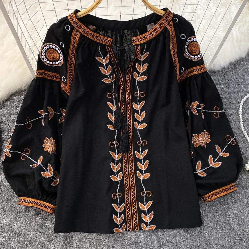 TEELYNN Vintage Long Sleeve Blouses Shirts Women Tops Casual Cotton Linen Floral Embroidery Loose Blouse Summer Boho Beach Blouse 250228
