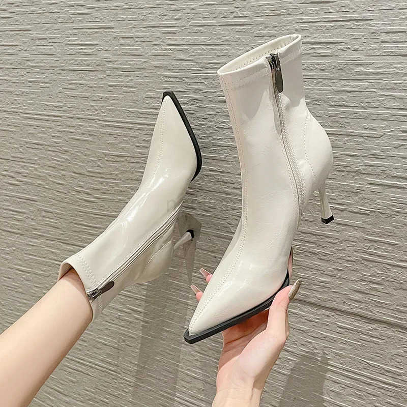 Fion Slimming Boots Elegant Pointed Leather Skinny Boots 2024 Wens Ankle Short Botas Stiletto High H Lolita Shoes Z250304
