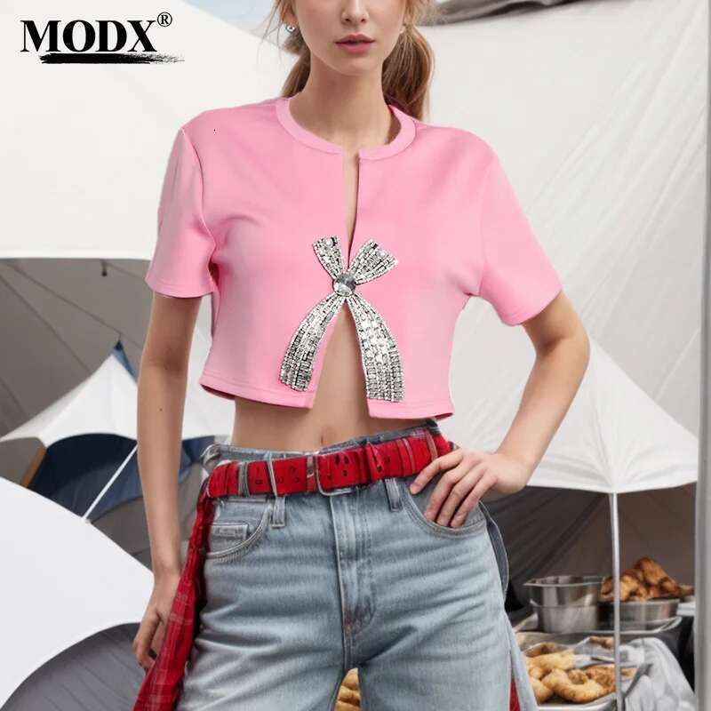 2025 Summer New Dia Studded Sequin Bow Sleeved T-Shirt With Female Niche Design Short Top
