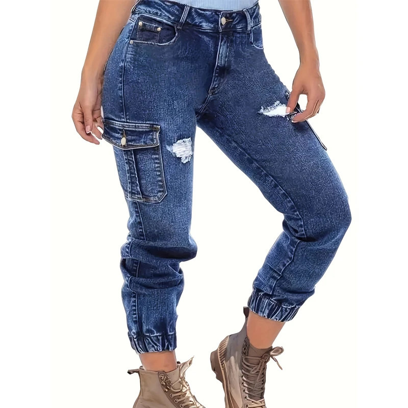 Womens Distressed Stretch Cropped Denim JeansFashionable Elastic Cuff MultiPocket Casual Cargo Pants Sporty Wear Jeans T16 250227
