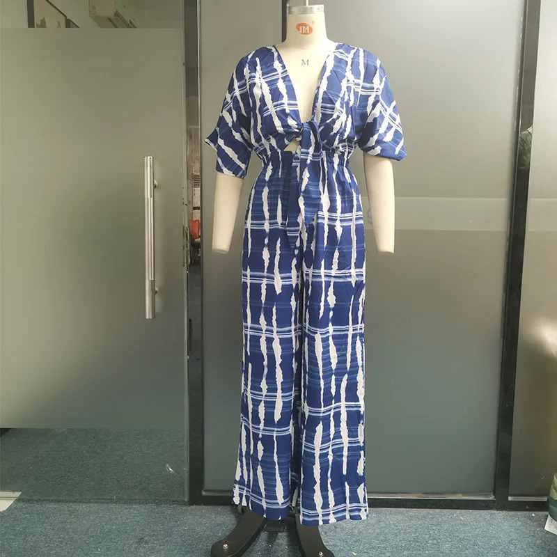 Wefads Women Jumpsuit Dolman Sleeves V Neck Lace Up Nipped Waist Printing Loose Wide Legs Casual Pants Romper High Streetwear 250303