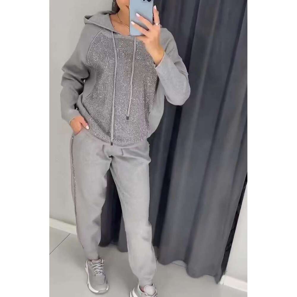 European American Spring and Autumn Knitted Design Hot Dia Hoodie Set for Women 2025 New Casual Fashion Trendy Clothing