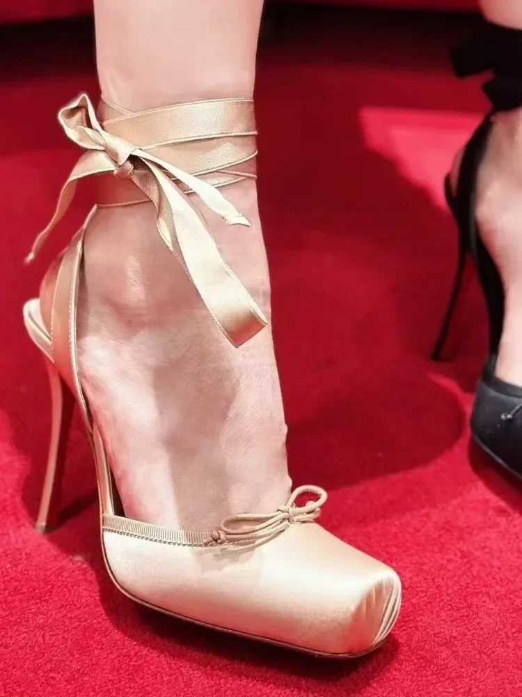 2025 Wens New Summer Square Satin High Heel Sandals with Ankle Strap Fashionable Party and Banquet Ballet High H Z250303