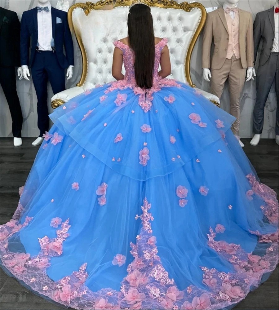 Exquisite Blue And Pink Princess Quinceanera Dress With 3D Floral Appliques V-neck Off Shoulder Prom Occasion Sweet 16 Dresses Lace-Up Back