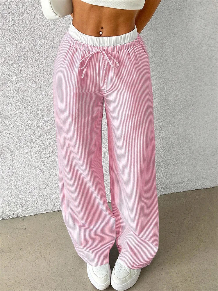 Womens Casual Striped Woven Wide Leg Pants Fall Winter Casual Stylish Full Length Trousers Y2K Clothes Streetwear 250303