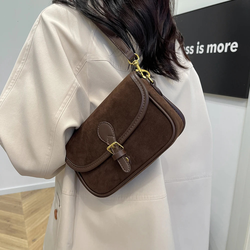 Suede Crossbody Brown - Korean Retro Square Shoulder Bag For Women, Casual Hot Everyday Style - Women,