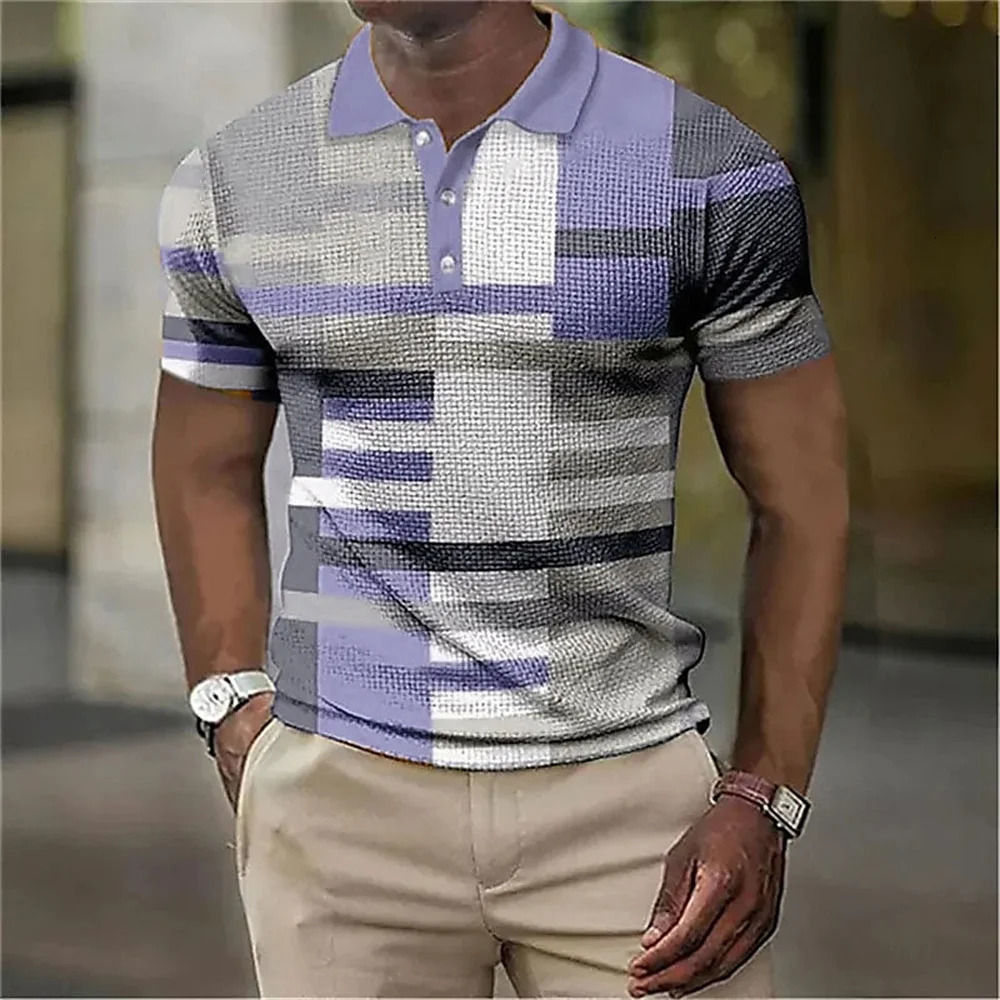 Fashion MenS Polo Striped Plaid Print Vintage MenS Clothing High-Quality Top Street Casual Short Sleeved Loose Oversized Shirt 250304