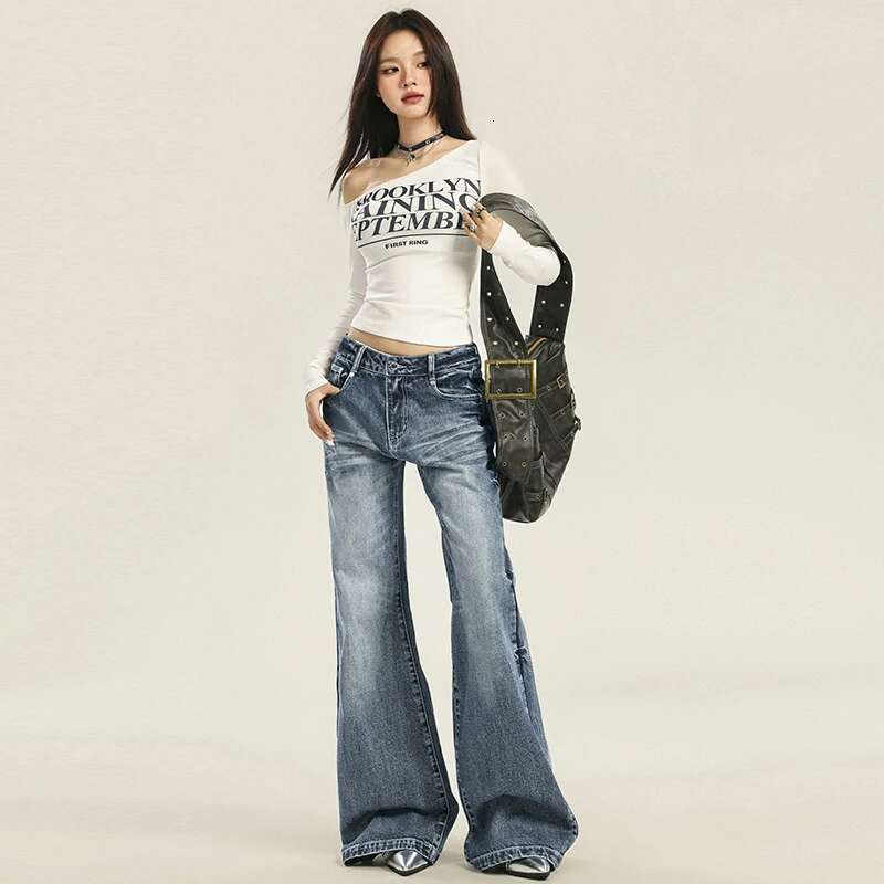 Autumn New Women's Streetwear Washed Denim Pants Vintage Straight Trousers Casual Loose-Fit High-Waisted Wide Leg Jeans