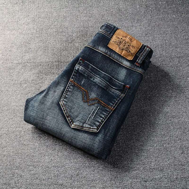 Italian Style Fashion High Quality Retro Black Blue Elastic Slim Fit Ripped Jeans Men Vintage Designer Denim Pants