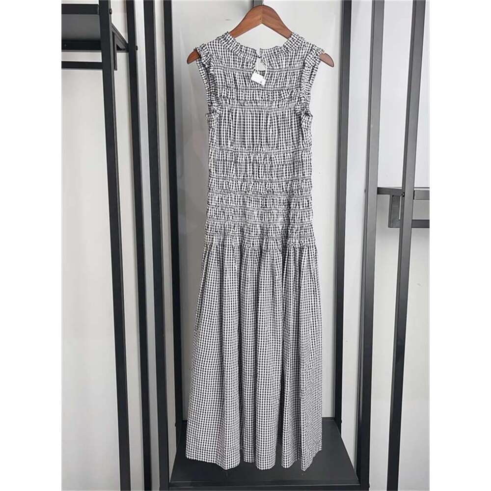 Women's Elastic Waist Short Sleeve Or O-Neck Dress Vintage Plaid Sleeveless Ladies Square Neck Fashion Midi Robe 2025 Summer