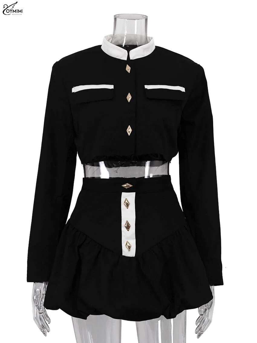 Oymimi Fashion Black Patchwork Two Piece For Women Casual Long Sleeve Button Pockets Crop Shirts + High Waist Mini Skirt Set