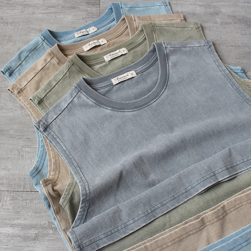Summer American Retro Sleeveless O-neck Soild Color T-shirt Mens Fashion 100% Cotton Washed Old Casual Sports Vest Tops 250304