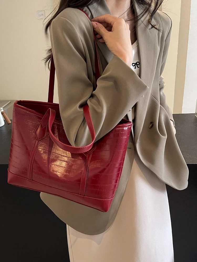 Wine Red Large Capacity Tote Bag For Women Pu Leather Leisure Commuting Shopping Shoulder Bags College Student Class Handbags Z250303