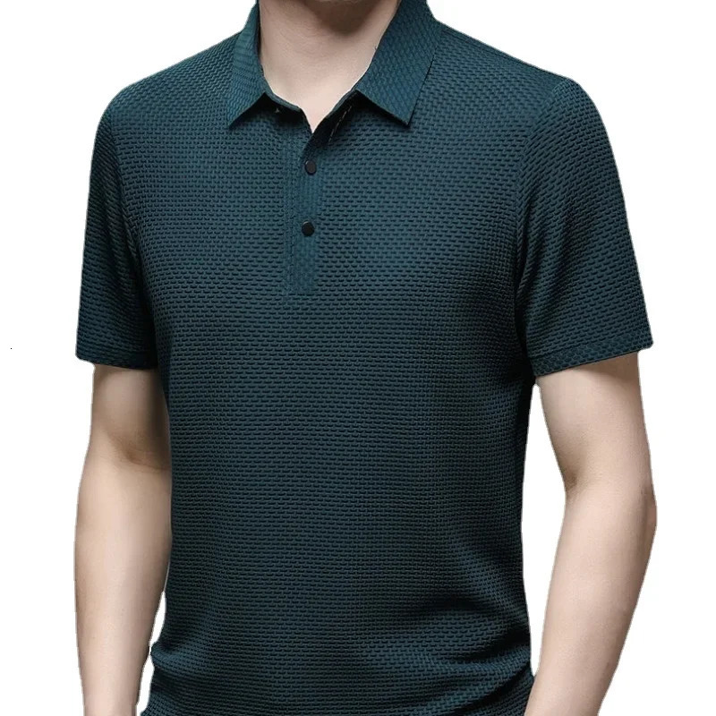 Summer Mens Lop-up Hollow Short-sleeved Polo Tee Shirt Ice Silk Breathable Business Fashion T-Shirt Male Clothes 250304