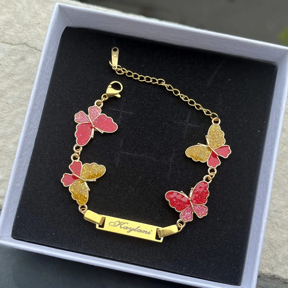 DUOYING Custom Name Bracelet With Butterfly Personalized Glitter Pink Charms Nameplate Letter Bangles For Kids Jewelry Gift 250304