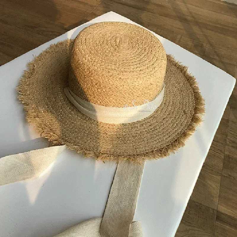 Str Hat Women Wide Brim Sun Protection Beach Hat Black and White Ribbon Bowknot Str C Casual Ladies Flat Top Panama HatXJ250304