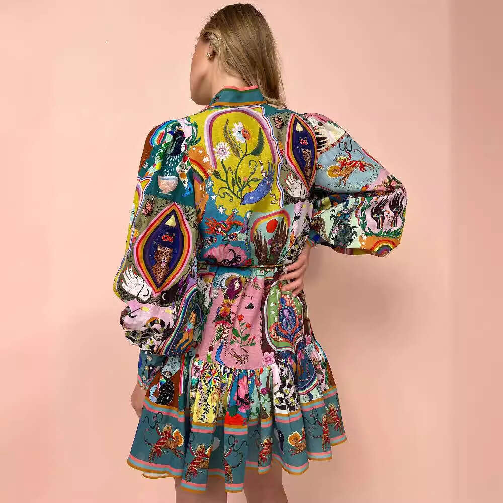 Autumn/Winter European American Long sleeved Printed Strap Cotton Hemp pleated Dress for Women 2025 New Style, Unique and Elegant Clothing