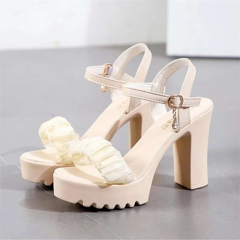 Sandals for Women Summer One Word Block Heel Ladies Shoes Wedge with Platform Waterproof Footwear Chunky Super-high Beige
