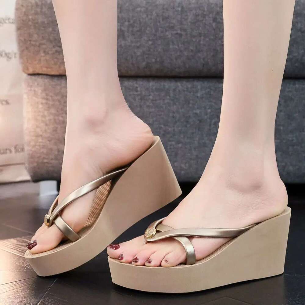 Flip-ps Women's Summer Slope Heel Height 8cm French Fashion High-End Beach Resort Swimming Pool Bathroom Anti-Skid Slippers