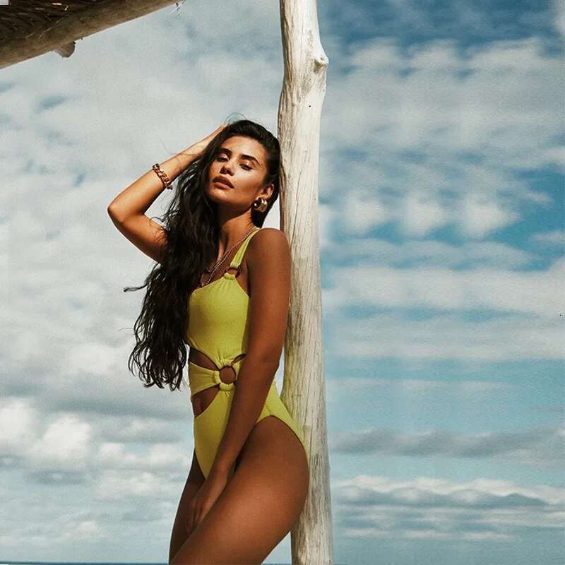 Sexy Onepiece Solid Color Women with Hollow Suspender Fashion Backless Swimsuit Low Waisted Bikini Set