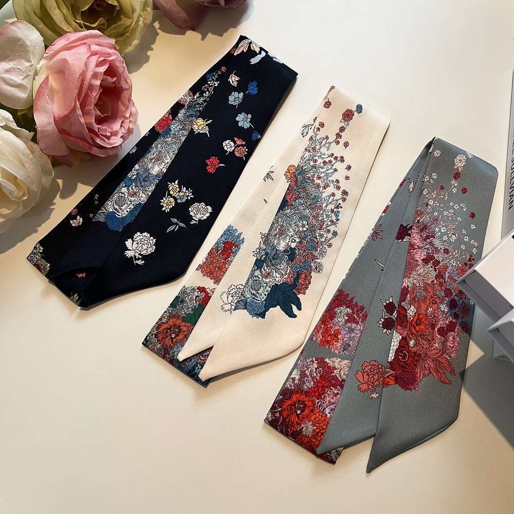 2024 New Narrow Summer Thin Women's Small Strip Clear Flower Clothes Silk Leisure Scarf Dual Use