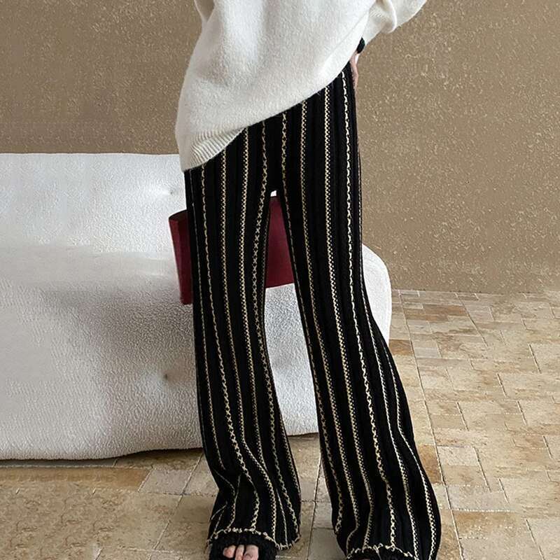 Fashion 12% Wool Embroidered Striped Texture Knitted Pants Women's Elastic Waist Full-Lenth Trousers New Tide 7Ab6323
