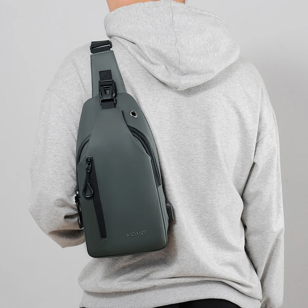 Men Chest Pack Waterproof Oxford Male Bag USB Charging Port Cell Phone Purse Zipper Pocket Headphone Hole for Sport Travel 250227