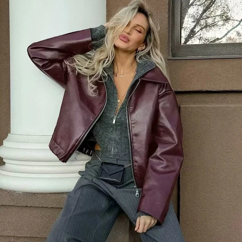 TRAF Faux Leather Bomber Jackets for Women Zipper Winter Woman Ruched Demiseason Jacket Coats 250226