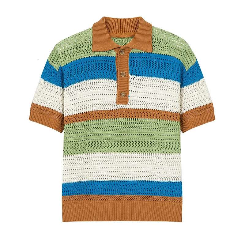 Mens Leisure Striped Hollow Out Polo Shirt Solid Color Texture Breathable Retro Streetwear Light Korean Knitwear 250304