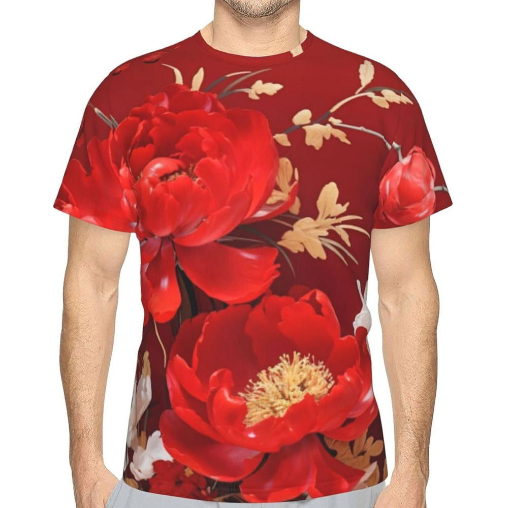 Mens T shirt Red Peony Flower 3D Printed Graphic T-Shirt for Men & Women - Modern Floral Soft Casual Trendy Summer Tops Tee tee Casual tops summer clo
